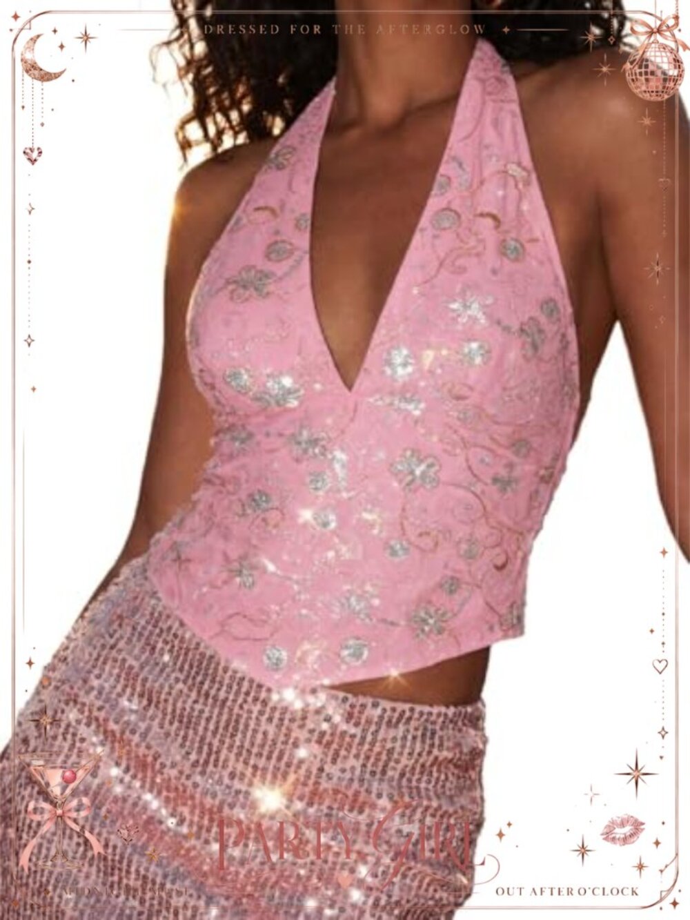 Sequin Sparkly Halter Top Lace Up Open Back Beaded Party Top